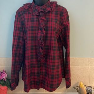 Lauren Ralph Lauren tartan plaid button down blouse with ruffle collar size L